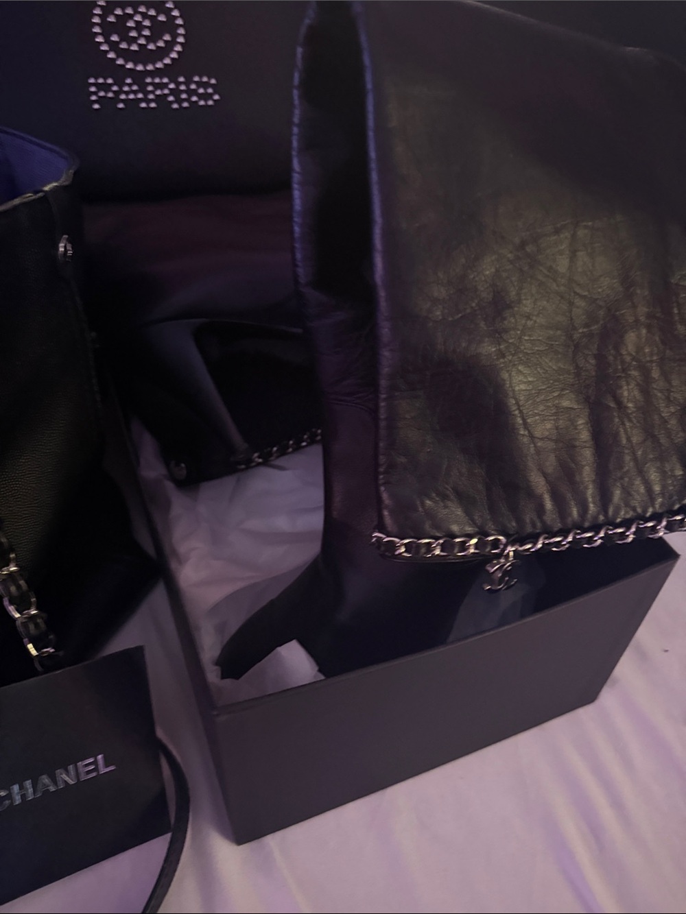 The whole black and silver set authentic Chanel boots, shopping tote, and clutch - Picture 4 of 7